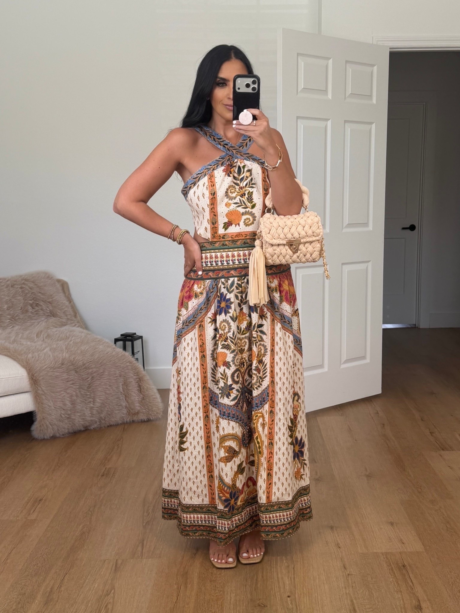 Farm Rio x Anthropologie linen blend halter dress wearing size medium 
