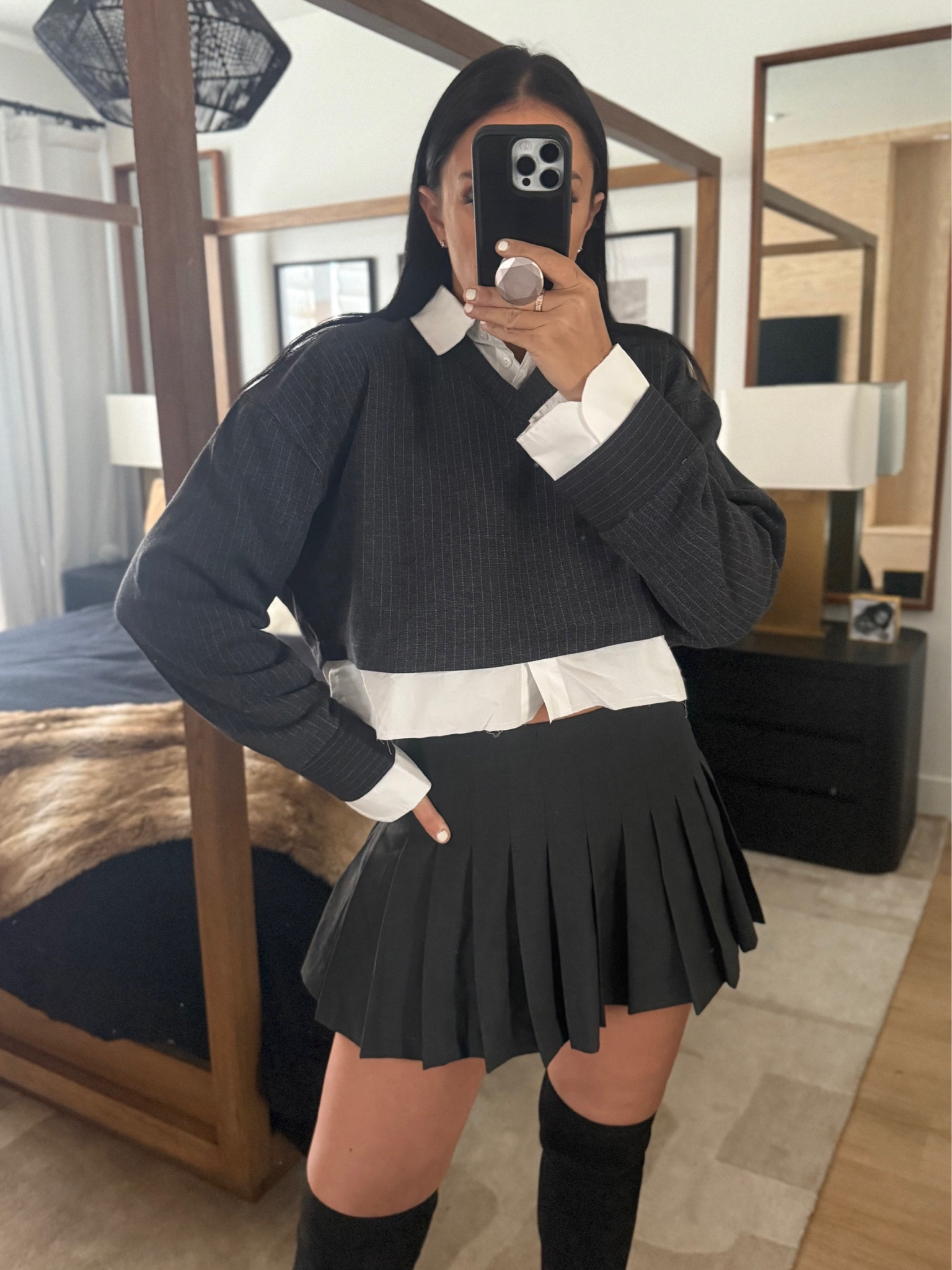 Contrasting Poplin Sweatshirt, wearing size small. Pleated Skort wearing size medium. 