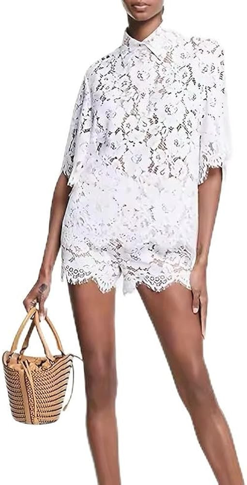 Women's White Lace Button-Down Shirt and Shorts Set, Short Sleeve Collared Top with Scalloped Hem | Amazon (US)