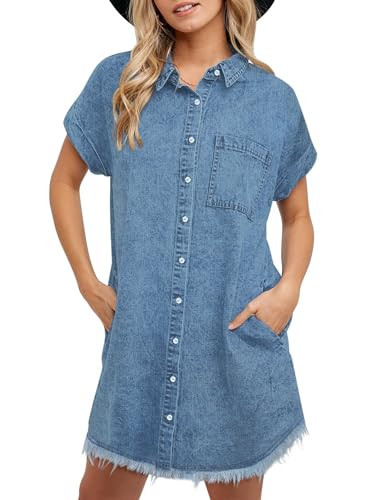 LOOKUB Denim Shirt Dresses for Women 2024 Button Up Lapel Short Sleeve Mini Blue Jean Dress with Side Pockets Frayed Hem,MediumBlue,XL | Amazon (US)