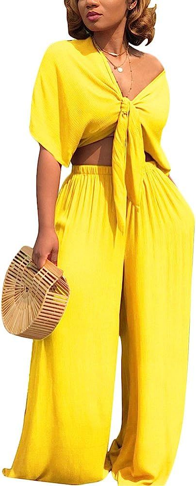 Aro Lora Women's 2 Piece Jumpsuit Ruched Sleeveless Crop Top Ruffle Wide Leg Pant Set Romper Outf... | Amazon (US)