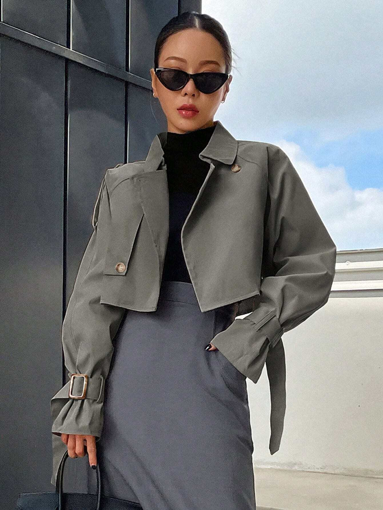 DAZY Buckle Sleeve Crop Trench Coat | SHEIN
