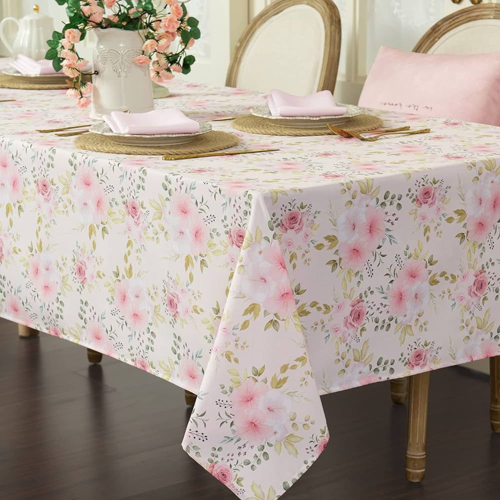Flower Tablecloth, Pink Floral Table Cloth for Rectangle Tables,Waterproof Resistant Rose Table C... | Amazon (US)