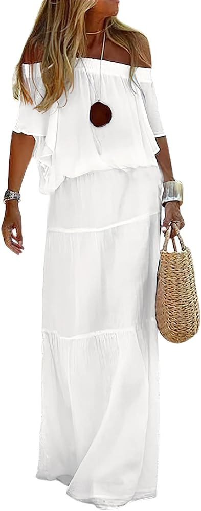 loveimgs Women's Summer Off Shoulder Ruffle Cotton Dress Short Sleeve Mid Rise Beach Boho Long Ma... | Amazon (US)