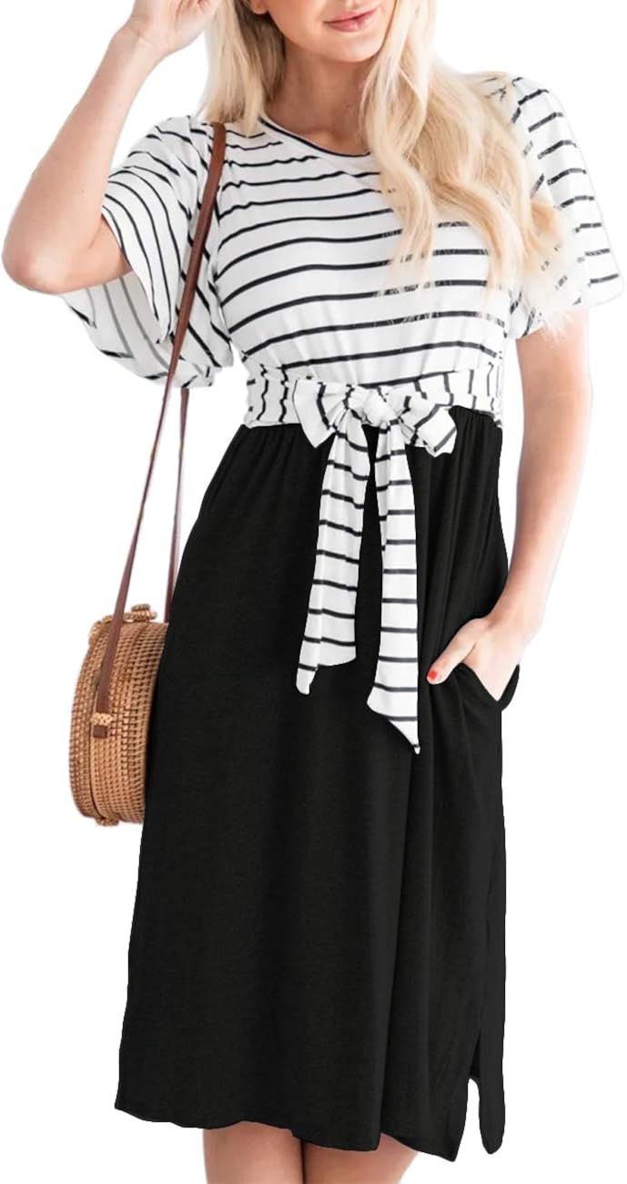 MEROKEETY Women's Summer Striped Ruffle Sleeves Tie Waist Pockets Casual Swing Midi Dress | Amazon (US)