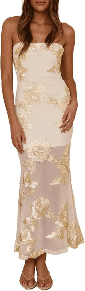 Womens Strapless Wedding Guest Dress Floral Embroidered Maxi Dress | Amazon (US)