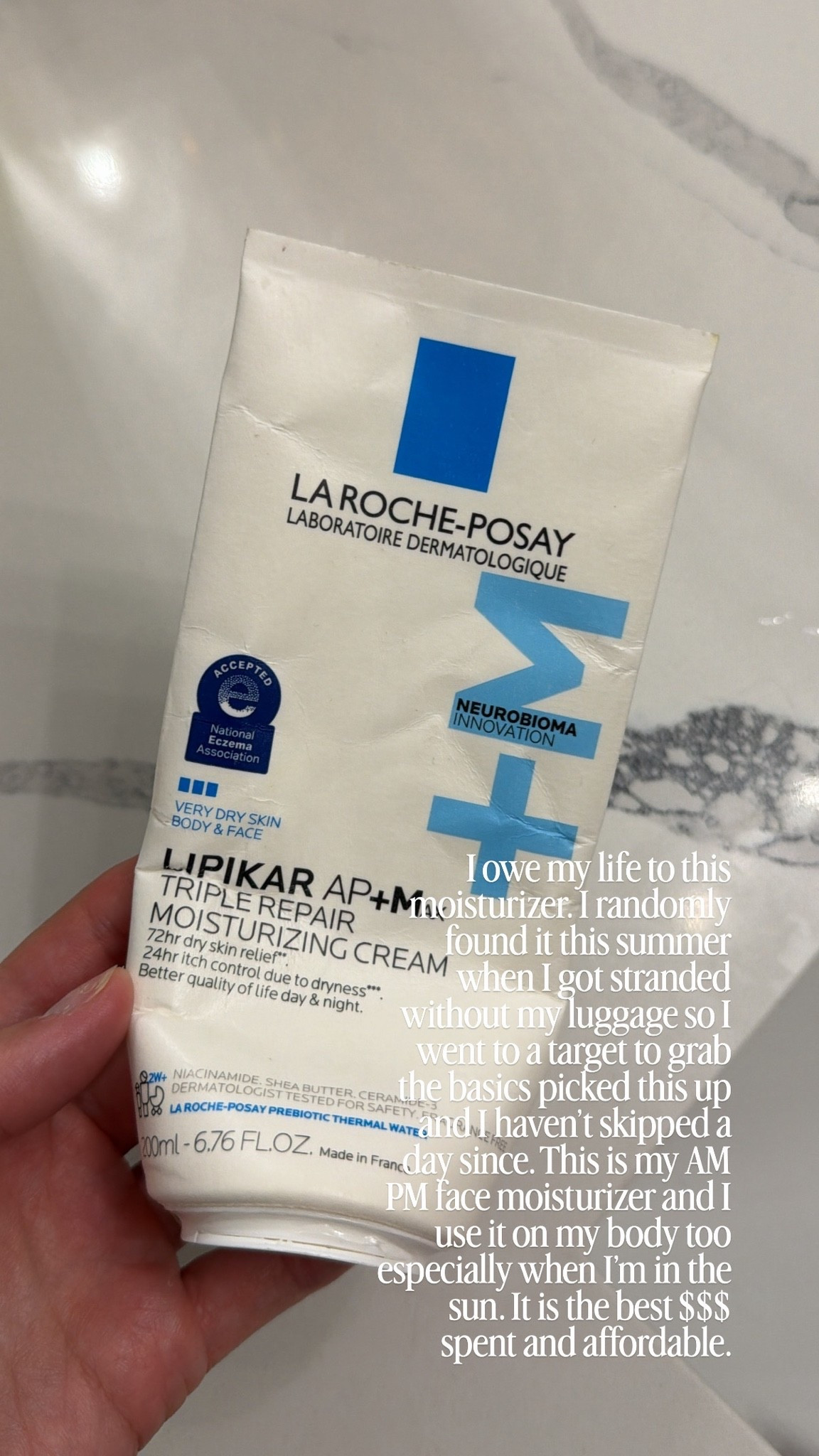 La Roche-Posay Lipikar AP+MAX Triple Repair Moisturizing Body Cream
Face and body lotion for dry skin with shea butter and niacinamide. Gentle on very dry, rough, sensitive skin. I owe my life to this moisturizer. I randomly found it this summer when I got stranded without my luggage so I went to a target to grab the basics picked this up and I haven’t skipped a day since. This is my AM PM face moisturizer and I use it on my body too especially when I’m in the sun. It is the best $$$ spent and affordable.