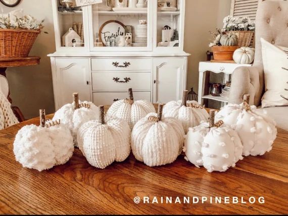 White Chenille Pumpkins Handmade Rustic Fall Decorations - Etsy | Etsy (US)