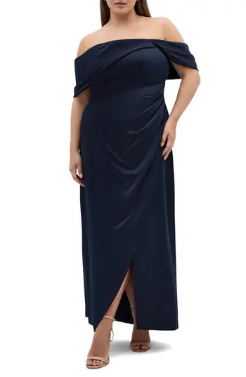 City Chic Paloma Off the Shoulder Satin Maxi Dress in Navy at Nordstrom Rack, Size M/18W | Nordstrom Rack
