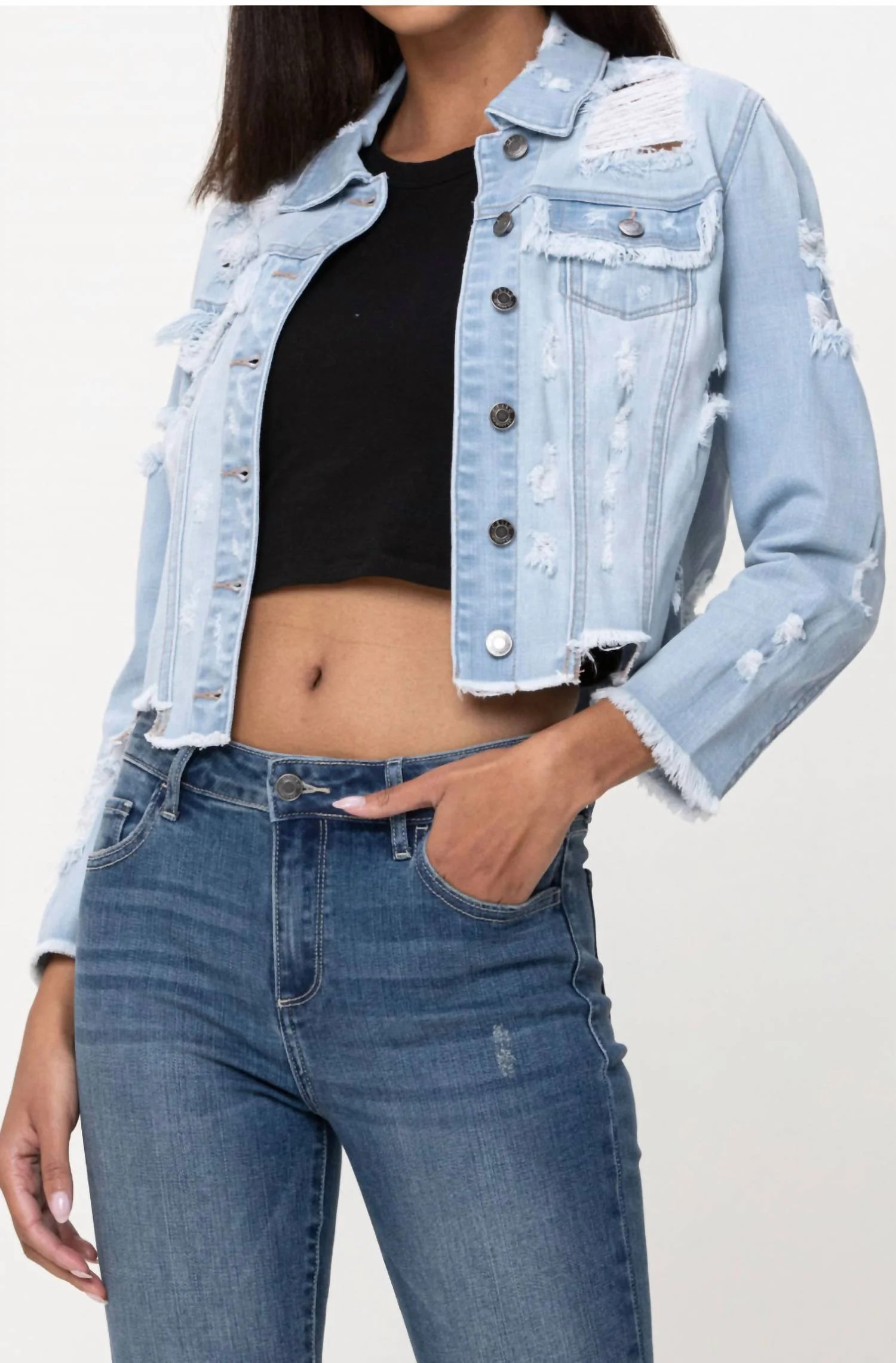 Mid Length Uneven All Over Fray Edges Jacket In Blue | Shop Simon