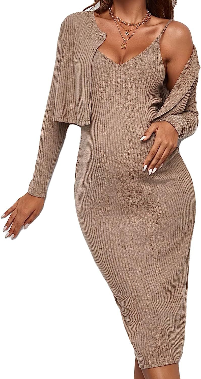 Verdusa Women's Maternity 2 Piece V Neck Long Cami Dress and Long Sleeve Cardigan | Amazon (US)