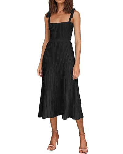 Women's 2024 Summer Maxi Dresses Tie Spaghetti Strap Square Neck Ribbed Knit Dress | Amazon (US)