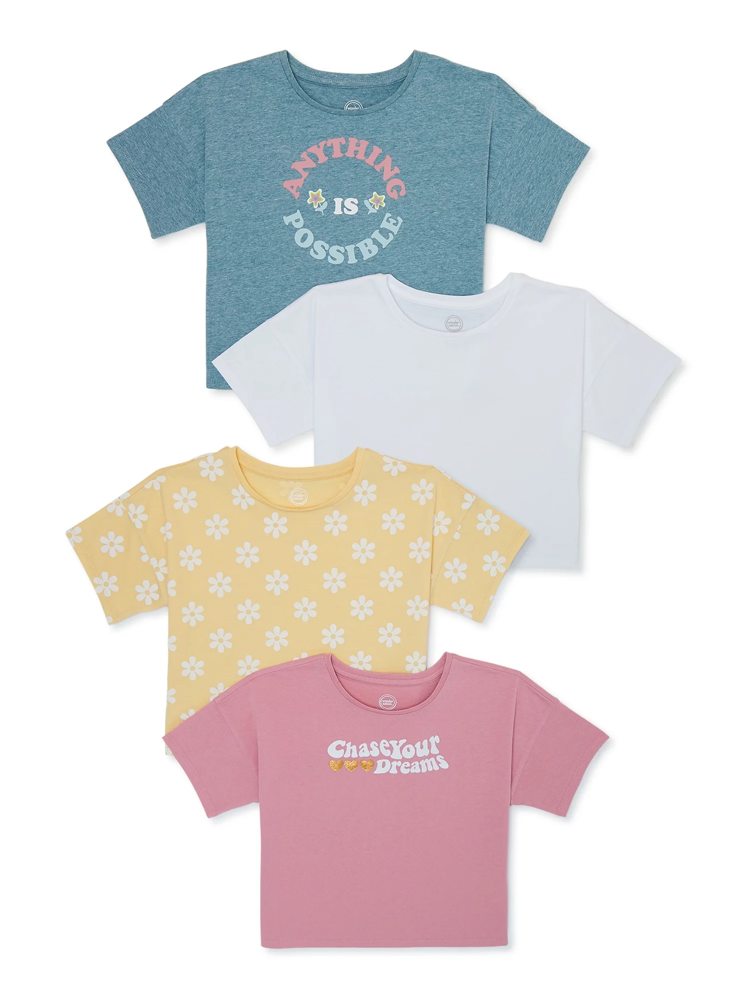 Wonder Nation Girls Graphic, Print and Solid T-Shirts, 4-Pack, Sizes 4-18 & Plus | Walmart (US)