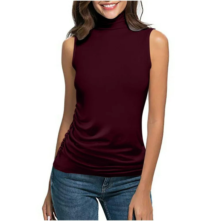 Vivianyo HD Women's Turtleneck Side Ruched Sleeveless Slim Tank Top, Soft Stretchy Layering Camis... | Walmart (US)