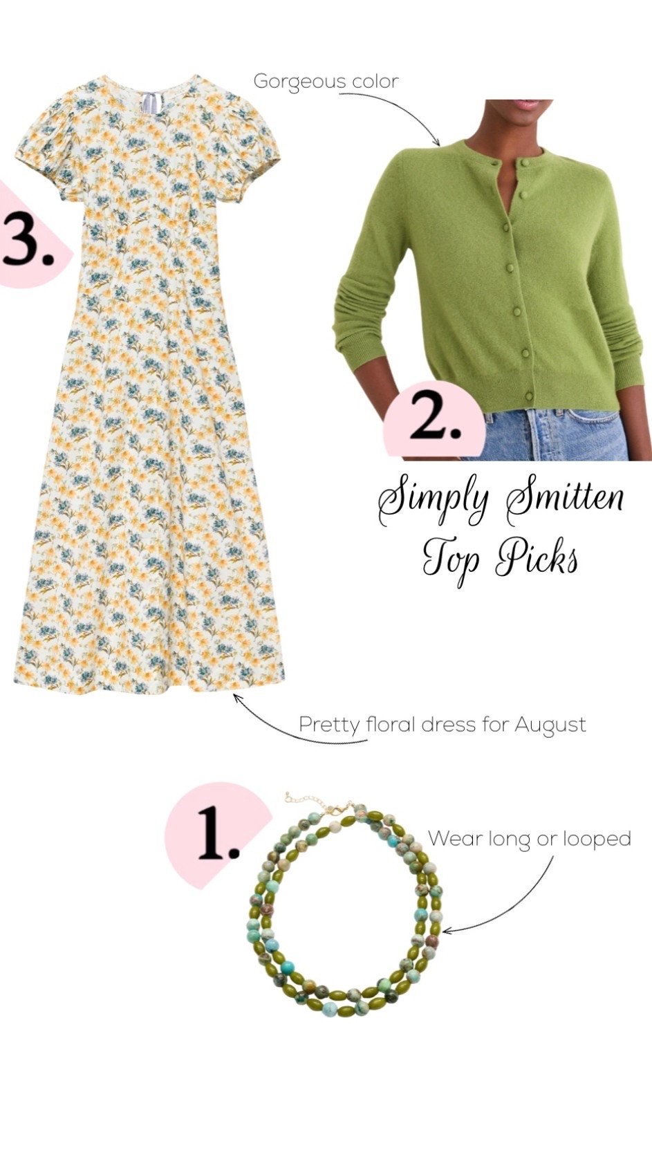 Simply smitten top 3: summer dress. Pre fall cardigan. Beaded long necklace

#LTKgrwm #LTKWorkwear #LTKTravel