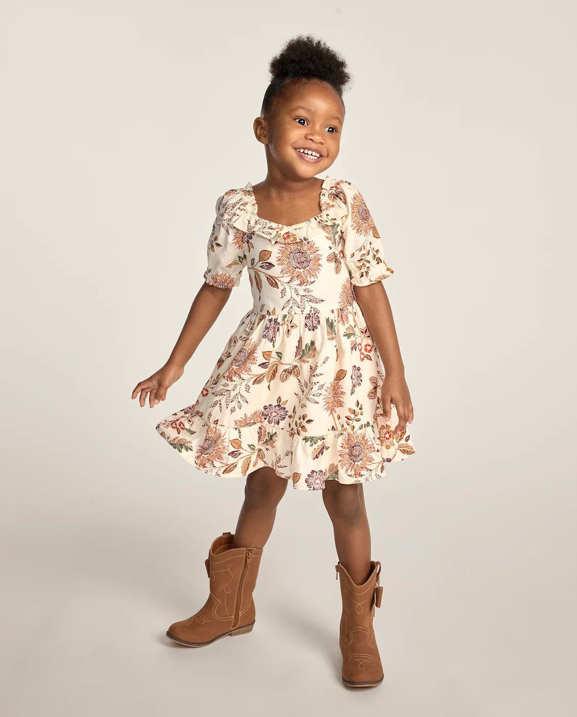 Girls Short Puff Sleeve Floral Flannel Ruffle Dress - The Harvest Edit - CREAM | Gymboree | Gymboree