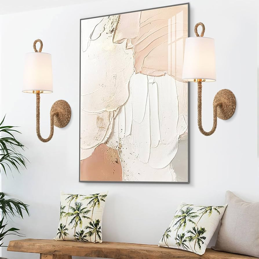 Natural Rattan Wall Sconce Set of 2, with Boho Woven Wicker and Creamy-White Fabric Shade for Van... | Amazon (US)