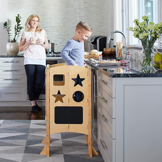 Guidecraft Classic Kitchen Helper® Stool and 2 Keepers - Natural: Wooden Adjustable Height, Fold... | Amazon (US)