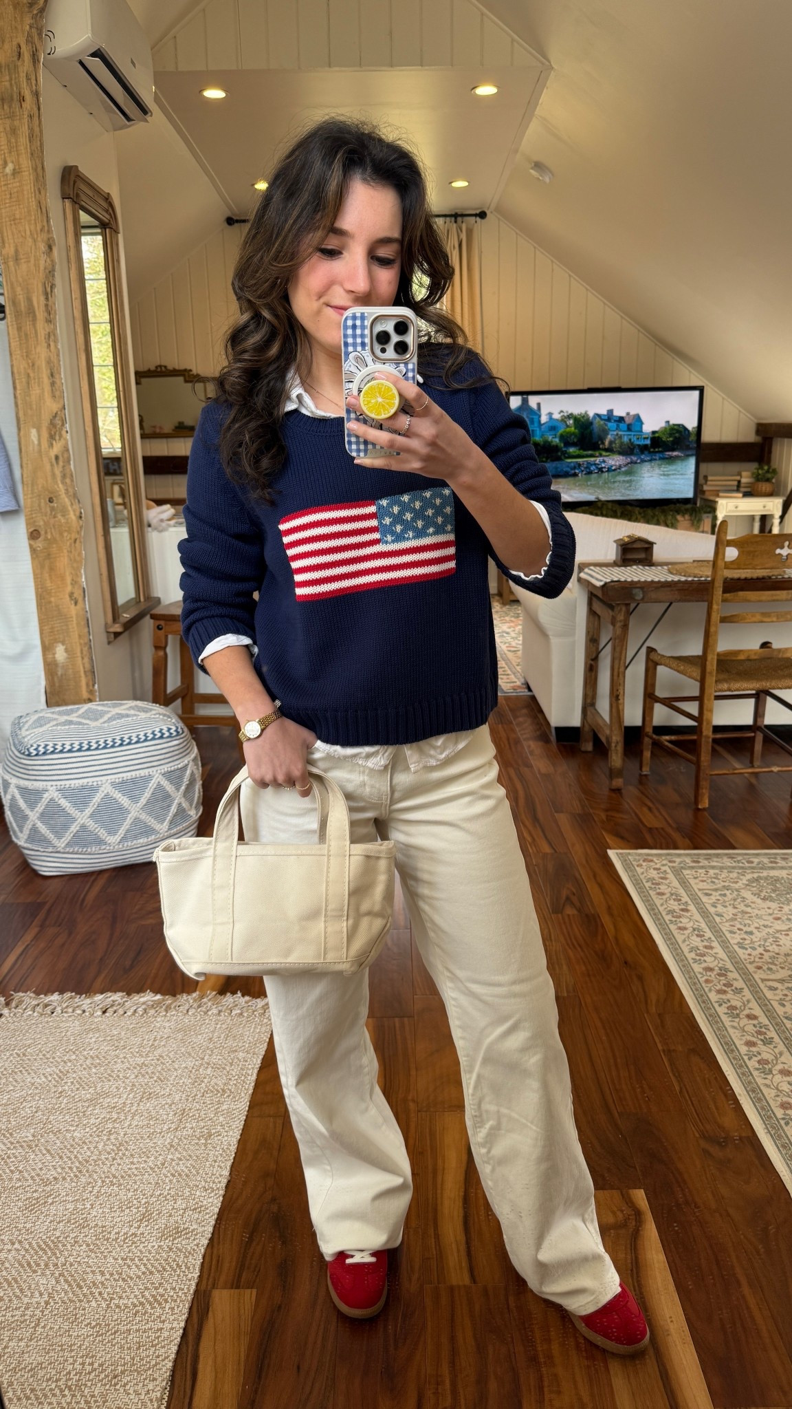 Coastal granddaughter outfit of the day! 🌊🌞 Wearing @Carve Designs 
Jeans in 0 (fit true to size!) I am 5 foot 3! 🌞


Blue flag sweater / flag sweater / American flag sweater / white button up / gold watch / ll bean bag / boat and tote / white jeans / white high waisted jeans / red sneakers / red sambas 

#LTKootd #LTKPetite #LTKSeasonal