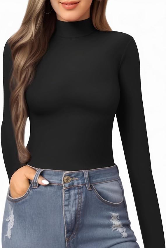 MANGOPOP Women's Mock Turtle Neck Slim Fit Long Sleeve T Shirt Tight Tops Tee | Amazon (US)