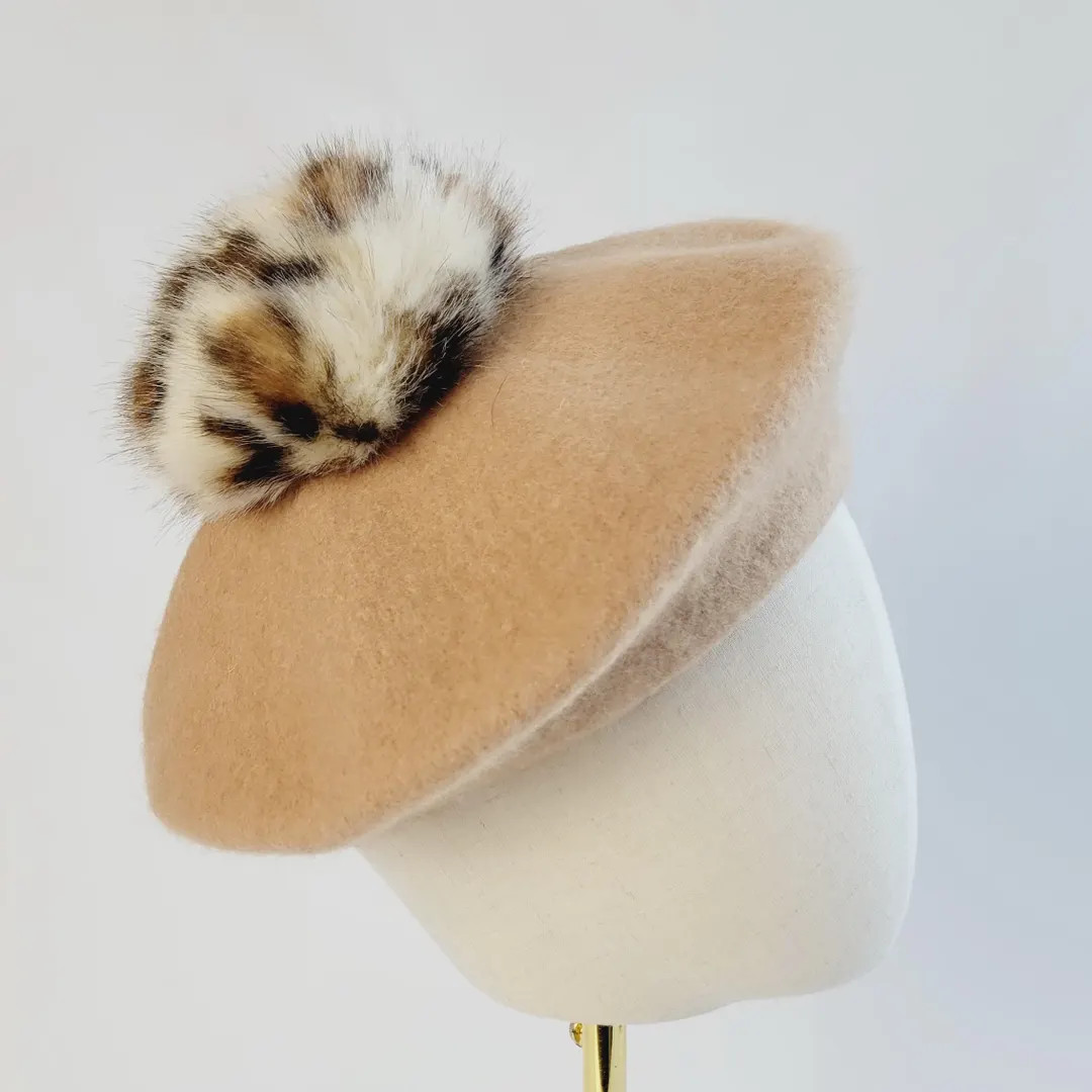 Tan Beret With Leopard Print Faux Fur Pom Pom - Etsy UK | Etsy (US)