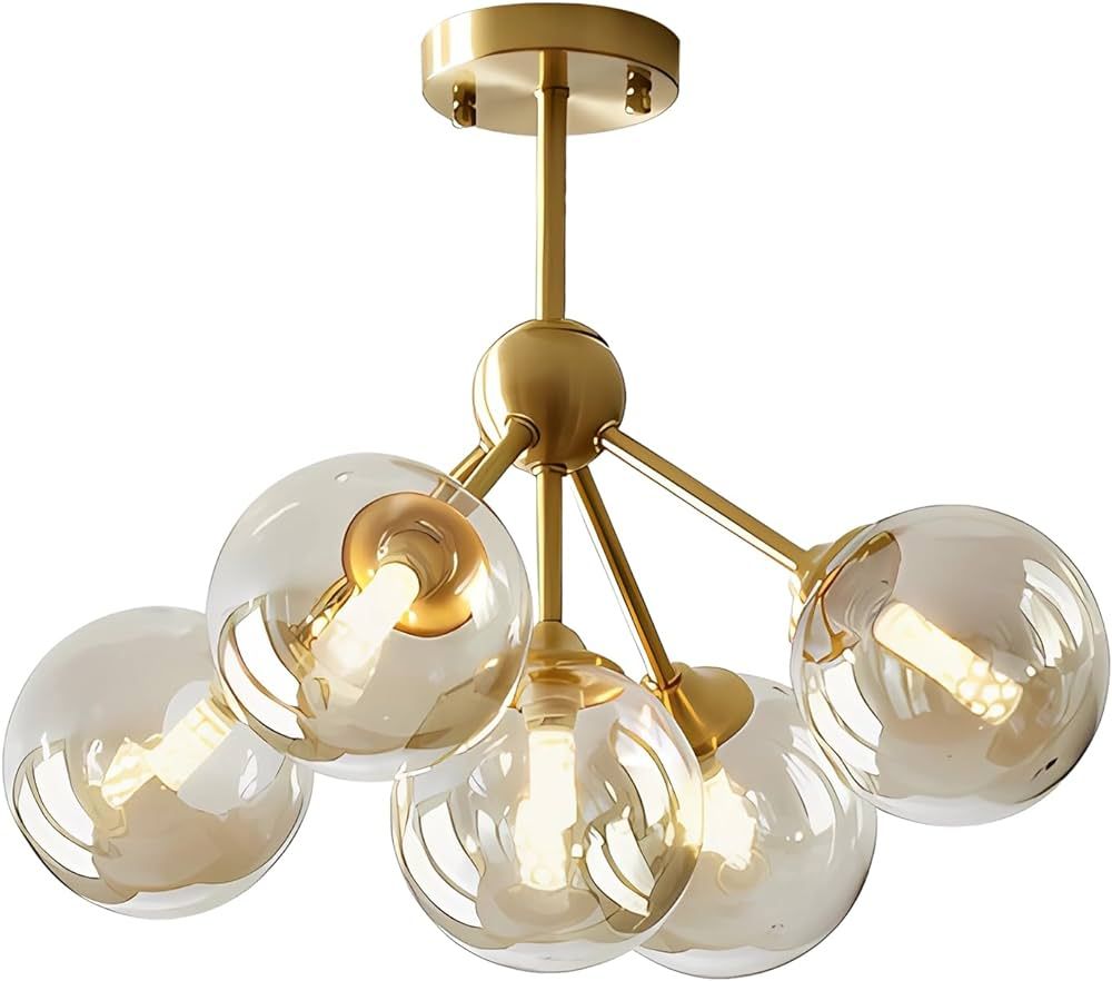 KCO Lighting 5-Light Amber Glass Globe Chandelier Brush Gold Semi Flush Mount Ceiling Light Mid-C... | Amazon (US)