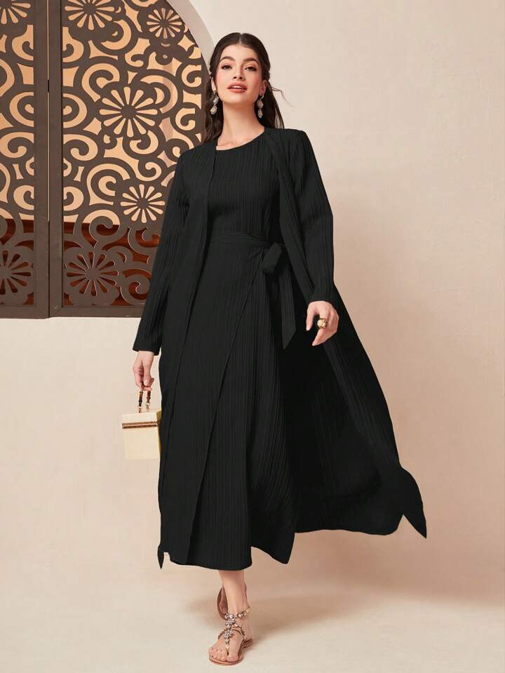 SHEIN Najma Solid Knot Side Wrap Hem Abaya Set | SHEIN