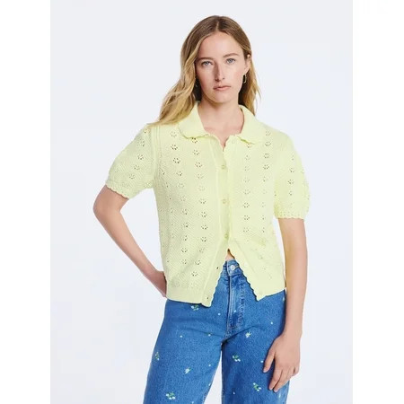 Free Assembly Women s and Women s Plus Cotton Pointelle Cardigan Sweater with Short Sleeves Lightweight Sizes XS-4X | Walmart (US)