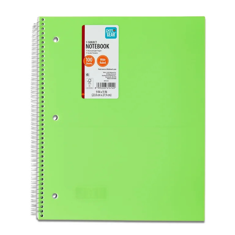 Pen + Gear Poly 1-Subject Notebook, Wide Ruled, 9" x 11", 100 Sheets, Green | Walmart (US)