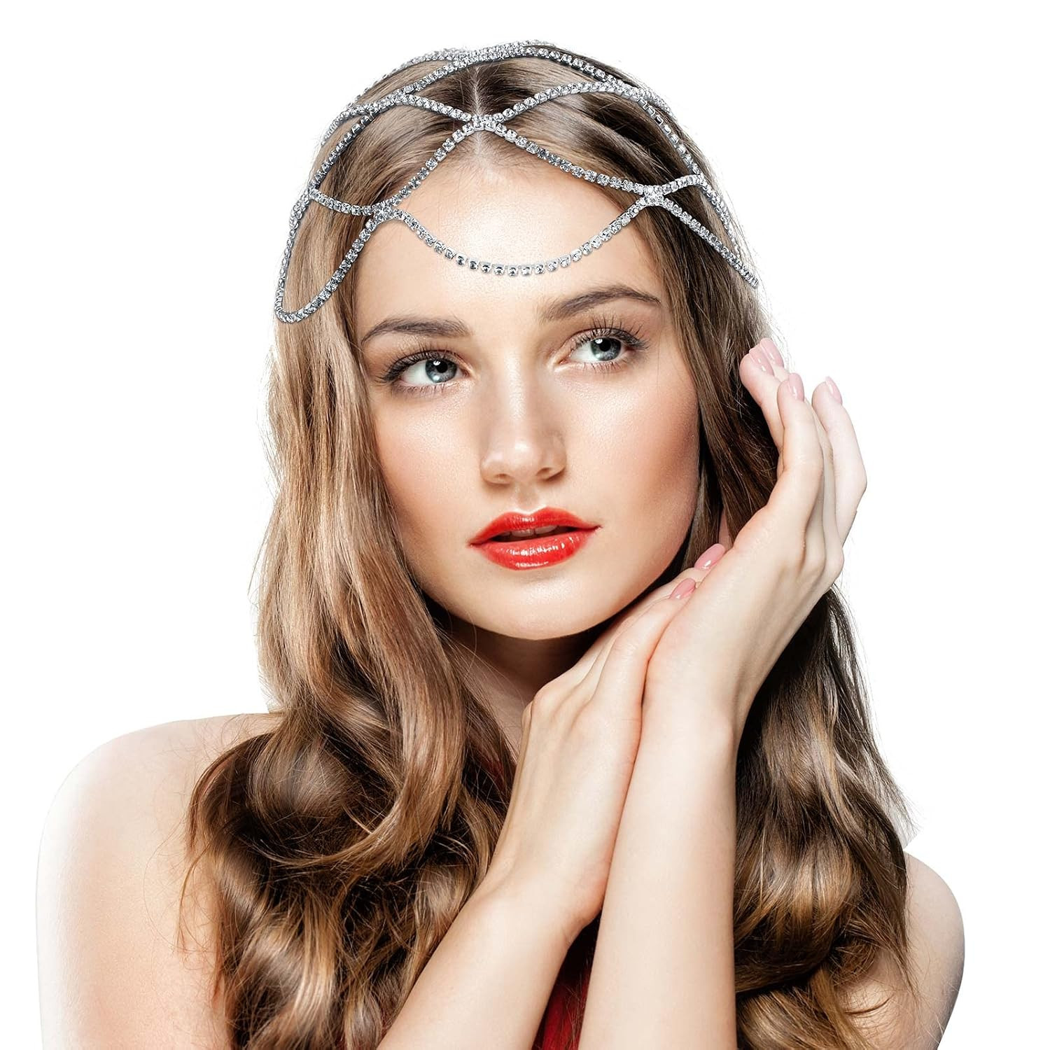 Rhinestone Flapper Headpiece Chainmail Headpiece 1920s Showgirl Accessories for Women Head Chain Jewelry(Silver) | Amazon (US)