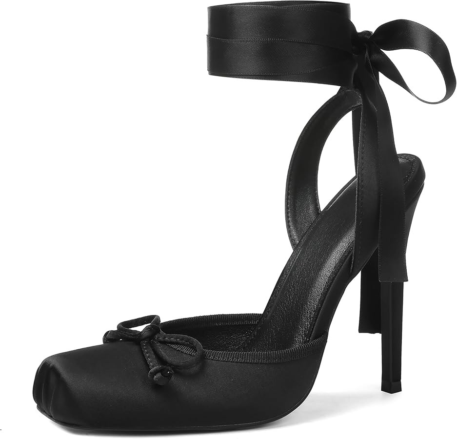 Celbreez Ballet Heels Satin Stiletto Heels for Women Close Square Toe Slingback Bow Lace Up High ... | Amazon (US)