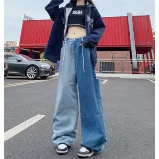 Mid Waist Two Tone Cut Out Loose Fit Jeans | YesStyle Global