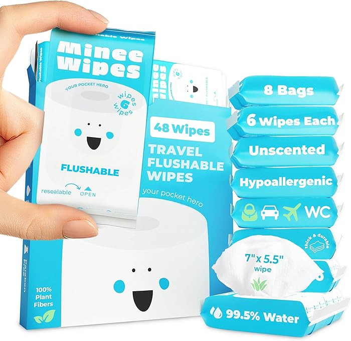 Impossibly Compact Travel Flushable Wipes - 99.5% Water and Aloe - Safe for Sensitive Skin & Hypoallergenic - Travel Essentials for Adults & Kids, Unscented, 8 Pack 48 Wipes | Amazon (US)