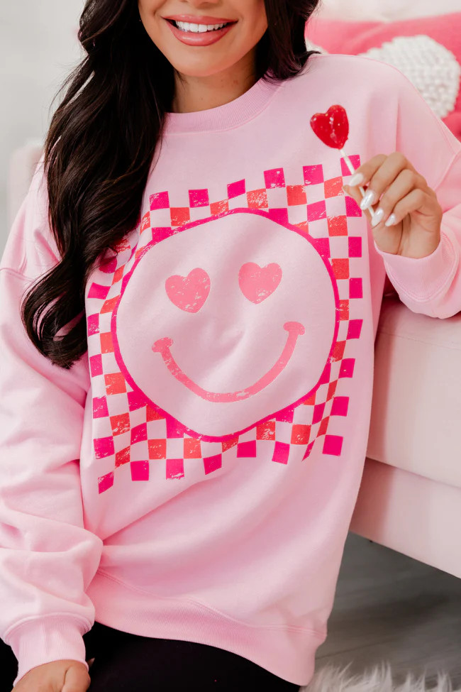 Pink Checkered Smiley Light Pink Oversized Graphic Sweatshirt | Pink Lily