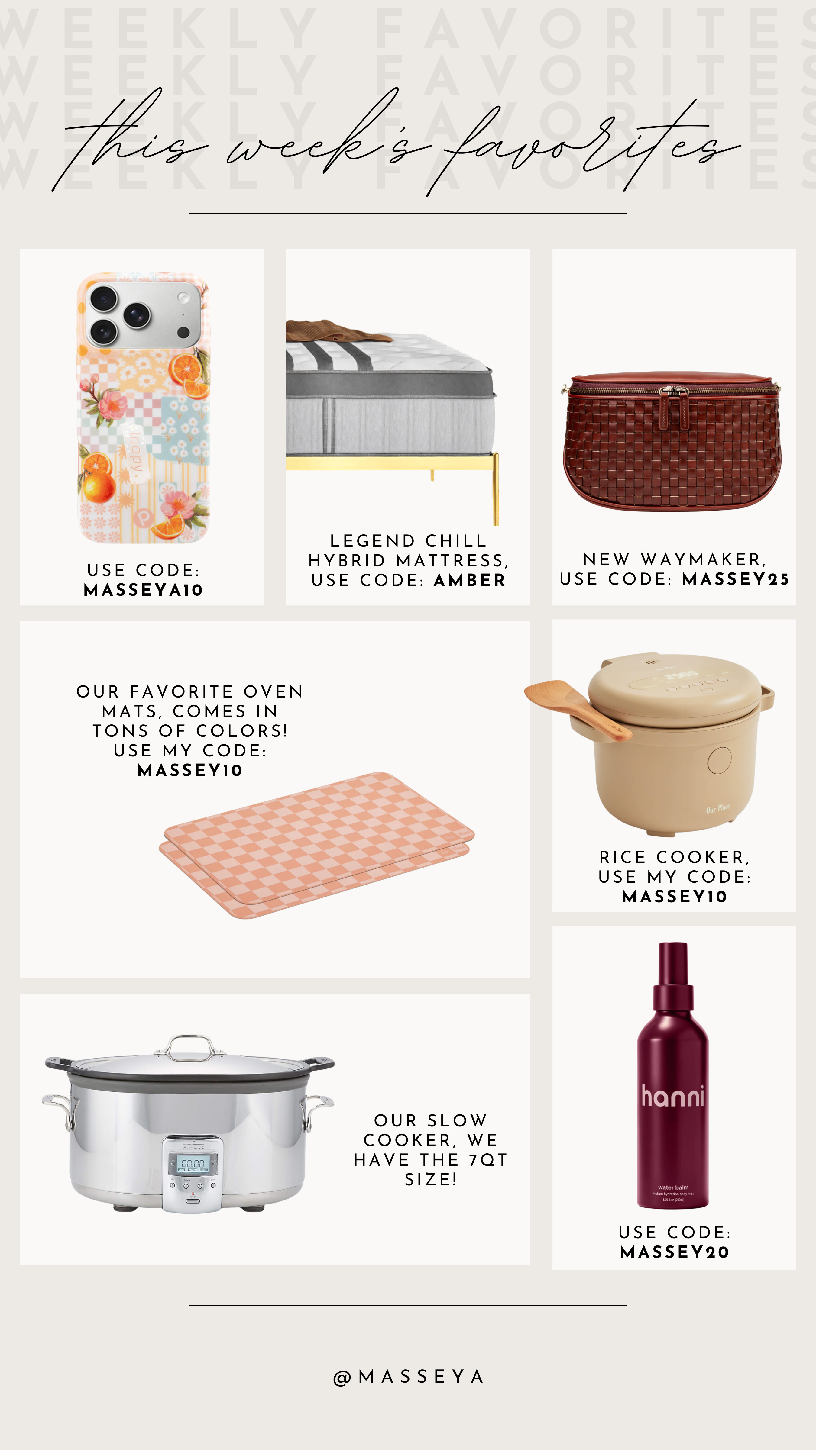 this weeks favorites!
hanni spray - code: massey20
loopy case - code: masseya10
leesa mattress - code: amber
our place - code: massey10 

 #LTKSeasonal #LTKHome #LTKBeauty