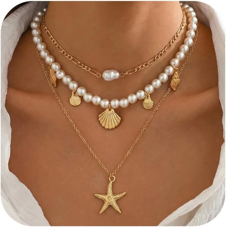 Shell Starfish Necklace for Women, Boho Beach Vacation Jewelry Gift | Amazon (US)