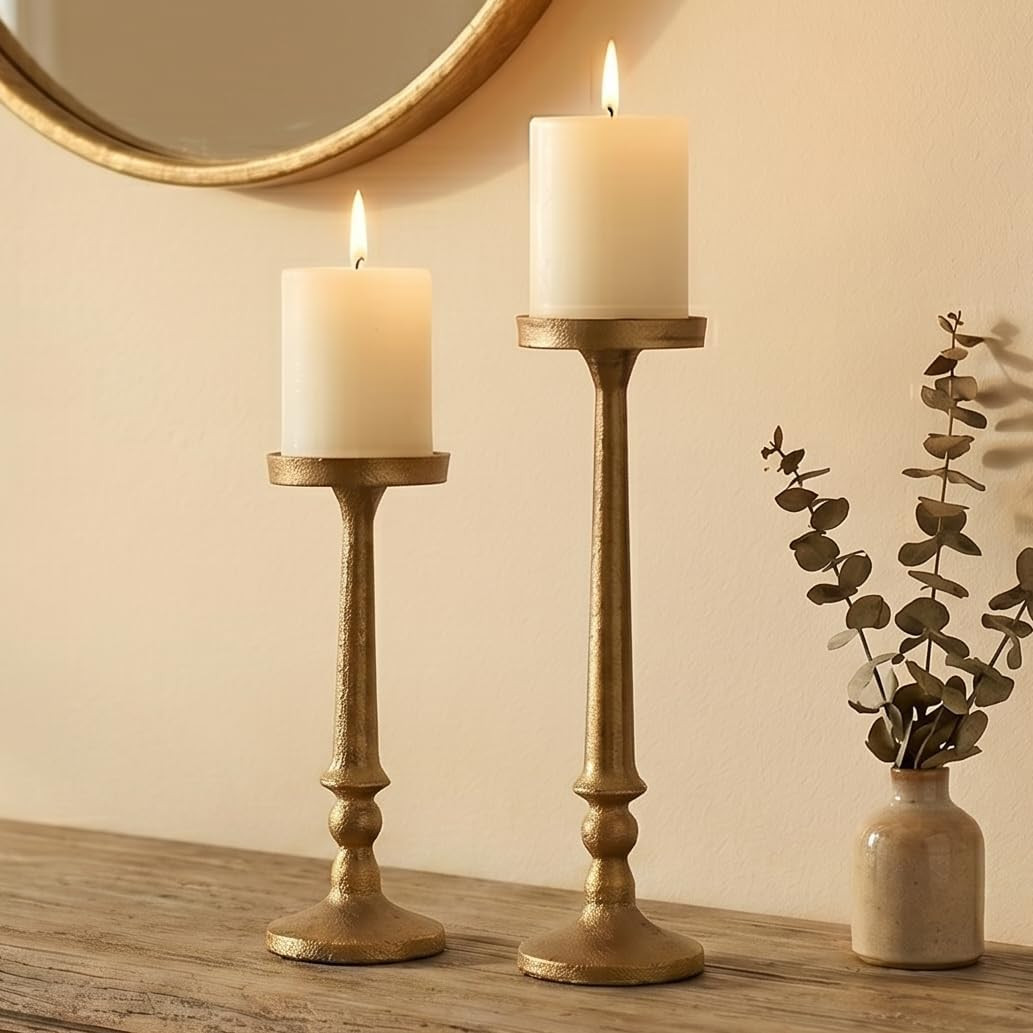 Vintage Iron Pillar Candle Holders Set of 2, Antique Brass Gold | Amazon (US)