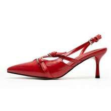 Red Kitten Heels For Women Pointed Toe Slingback Heels Closed Toe Low Heel Wedding Dress Pumps Shoes With Buckles | SHEIN