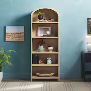 Arched 76 in. Tall Coastal Oak Wood 5-Shelf Bookcase with Open Front Storage Design | The Home Depot