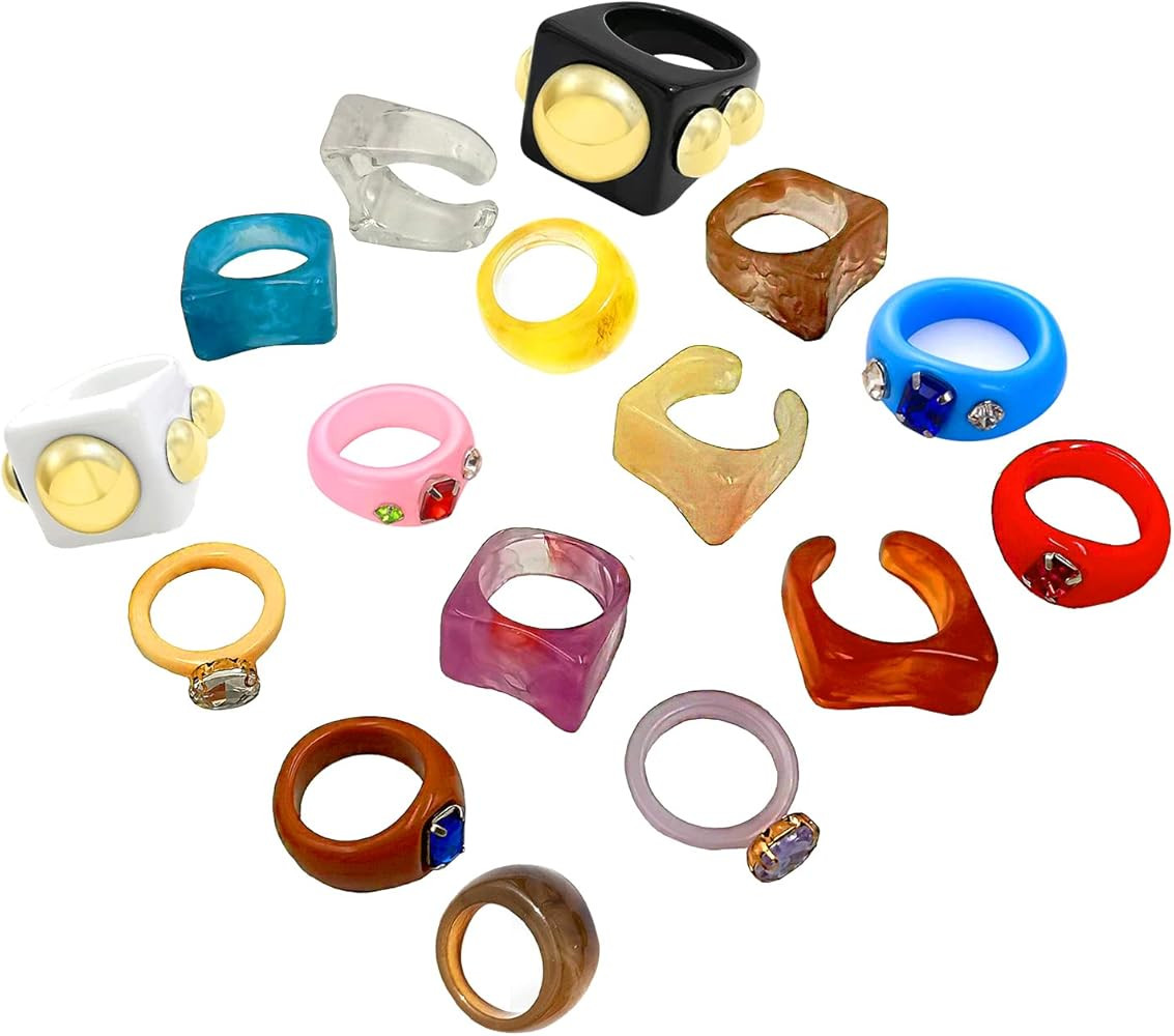 CSIYANJRY99 16 Pcs Resin Rings Plastic Rings Cute Aesthetic Chunky Rings for Women Teen Girls,Acr... | Amazon (US)