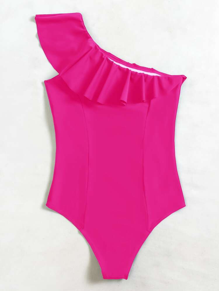Ruffle Trim One Shoulder One Piece Swimsuit | SHEIN