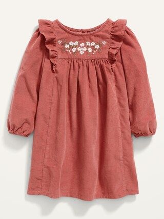 Long-Sleeve Embroidered Ruffle-Trim Corduroy Dress for Toddler Girls | Old Navy (US)