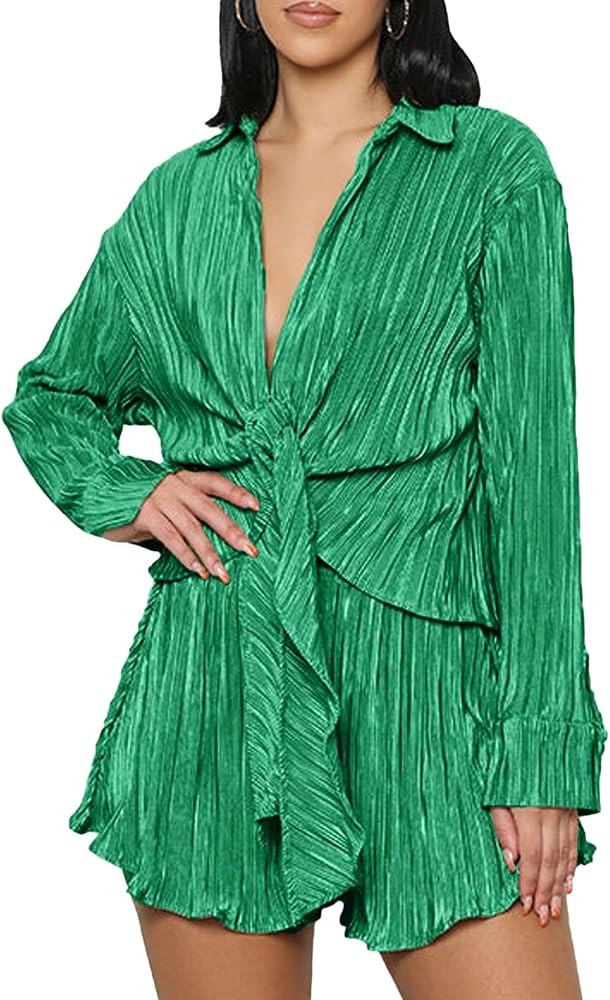 Women's 2 Pieces Outfits Pleated Deep V Neck Tie Front Long Sleeve Blouse with Shorts | Amazon (US)