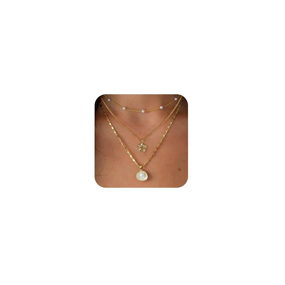 Charm Necklaces for Women,14k Gold Plated Waterproof Dainty Choker Necklace Summer Seashell Pearl... | Amazon (US)