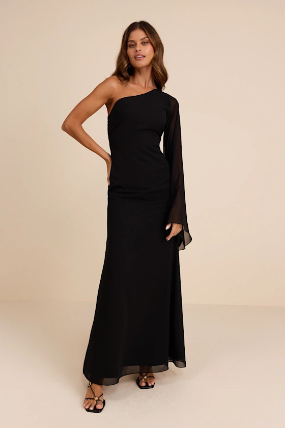 Elizabeth Black One-Shoulder Bell Sleeve Maxi Dress | black tie wedding Guest dress  | Lulus
