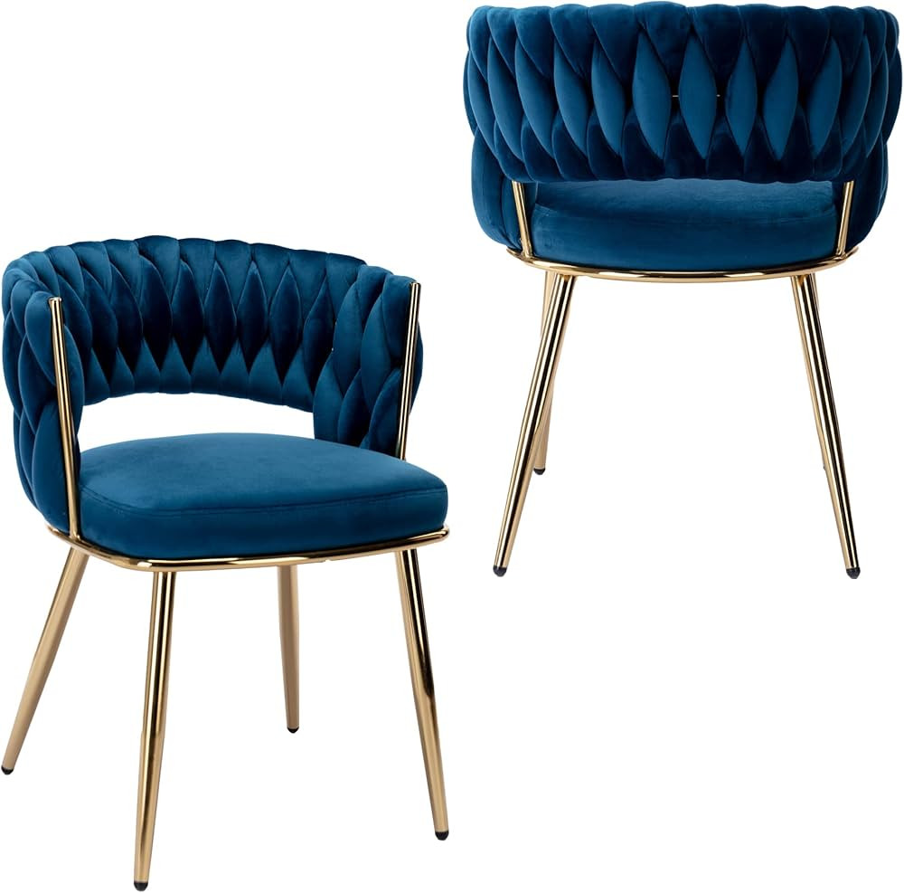 KCC Modern Velvet Dining Chairs Set of 2, Upholstered Living Room Chair with Woven Back and Golde... | Amazon (US)