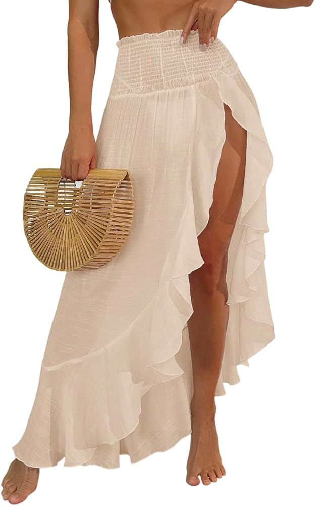 ZAFUL Swimsuit Coverup for Women Slit to Thigh Beach Cover Ups Swim Bathing Suit Flowy Maxi Skirt | Amazon (US)