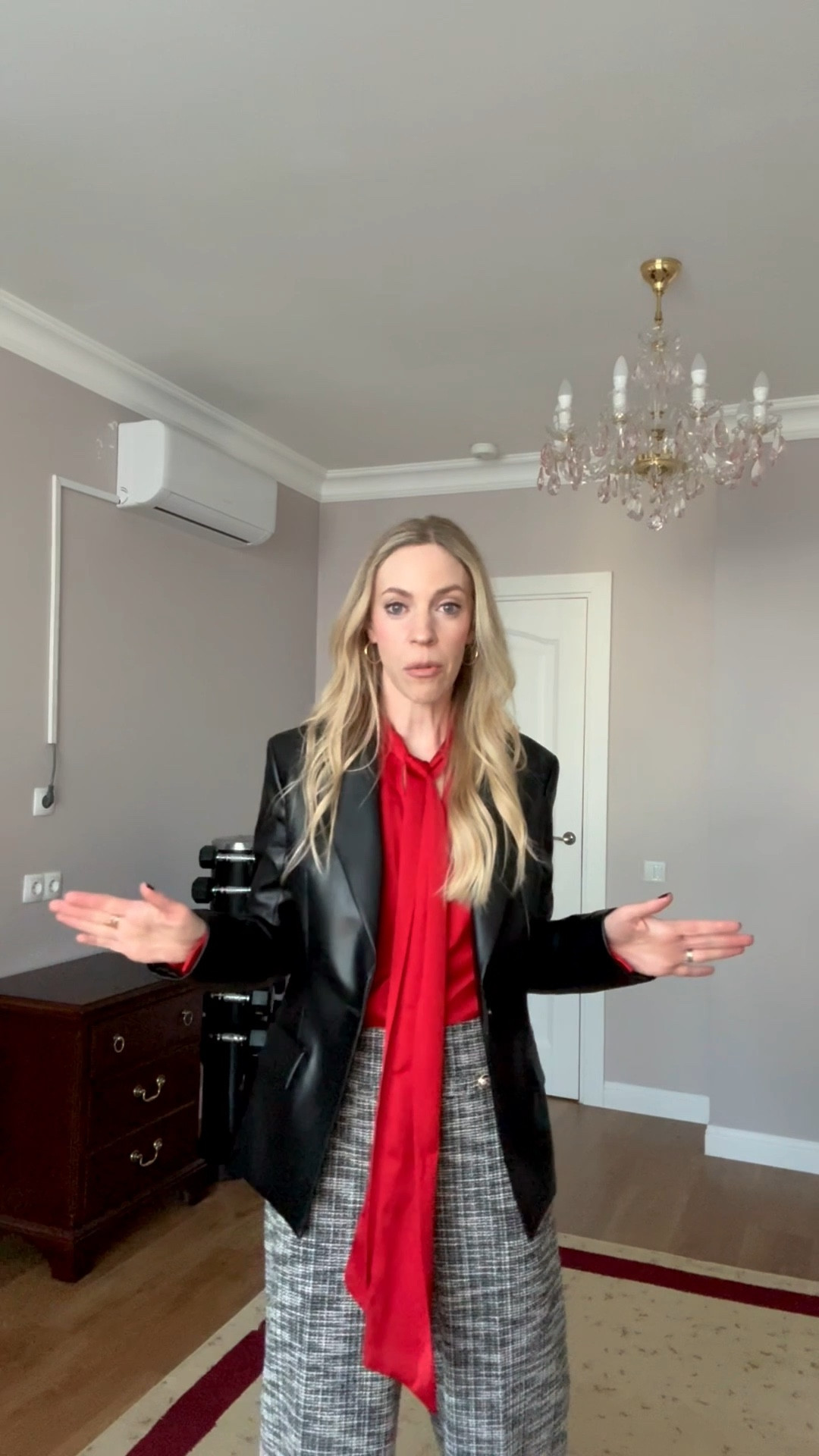 Holiday work wear look with red tie neck blouse, faux leather blazer, tweed pants 

#LTKFindsUnder50 #LTKHoliday #LTKWorkwear