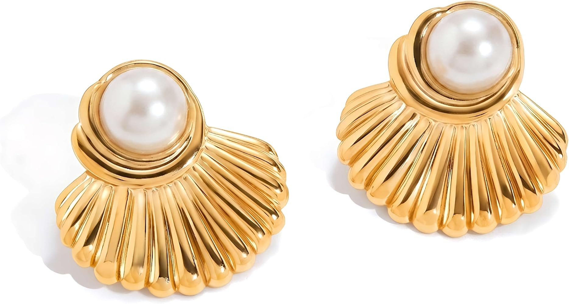 Chunky Gold Shell Earrings for Women, Vintage Pearl Seashell Statement Studs, Large 18K Gold Plat... | Amazon (US)