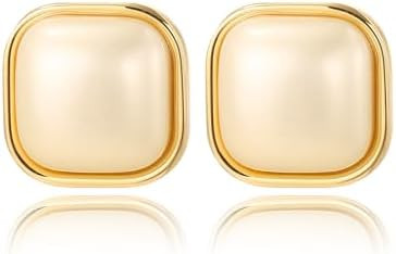 Gold Plated Pearl Stud Earrings for Women Trendy, Geometric Hypoallergenic Statement Earrings Chu... | Amazon (US)